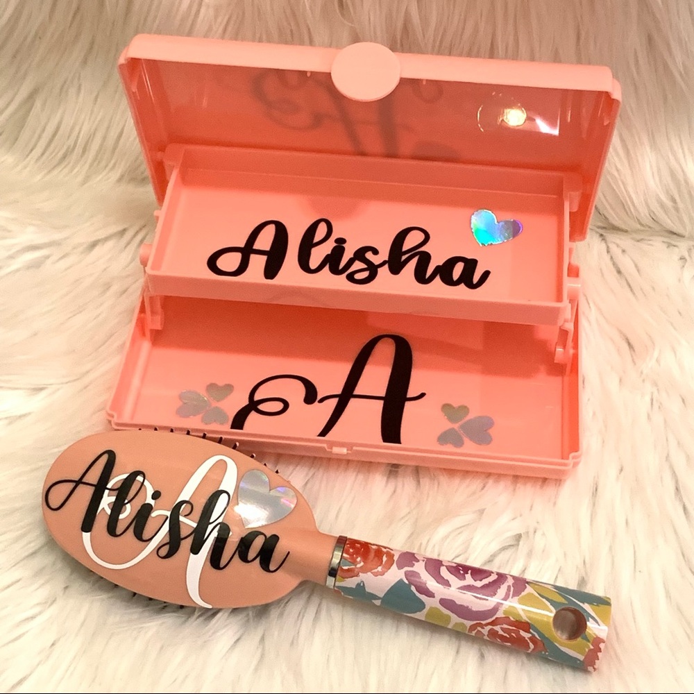 Personalized peach color make up box and hair brush set